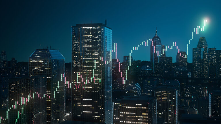 Financial graph overlaid on a digitally generated cityscape/financial district shown at night.