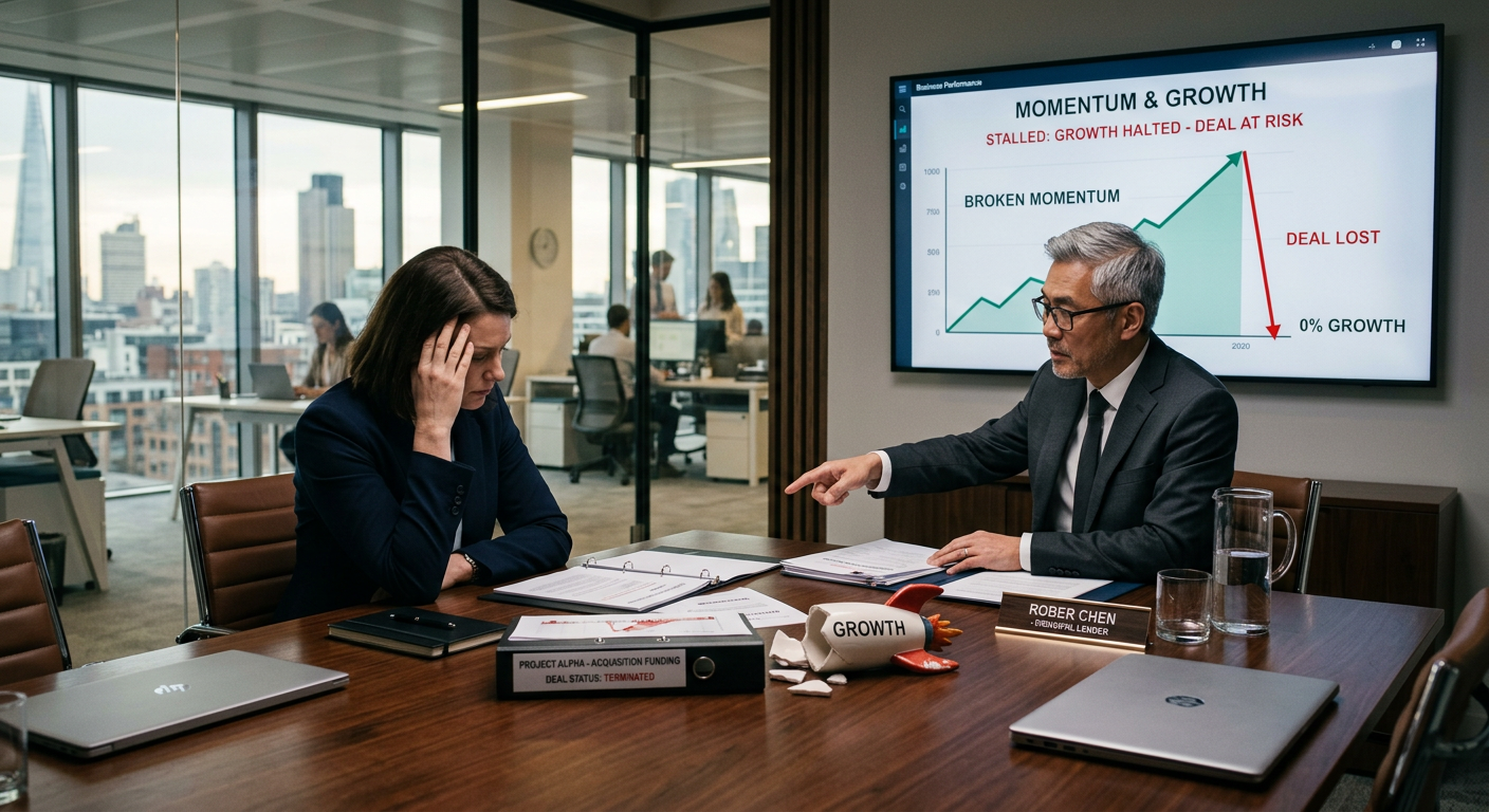 Business meeting showing failed deal aftermath - executive pointing at presentation screen displaying 'Momentum & Growth: Stalled, Growth Halted, Deal at Risk' with broken momentum chart and deal lost indicator, while colleague shows visible stress over terminated acquisition funding