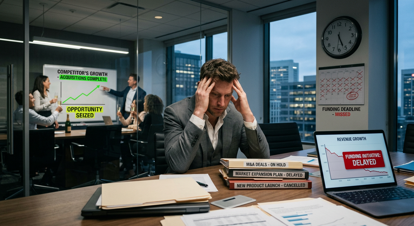 A photo-realistic image depicting a stressed male executive holding his head in an office, while through a window others celebrate. Text on a whiteboard and files indicates key projects and deals are on hold, delayed, and cancelled due to missed deadlines, contrasted against a competitor’s rapid growth.