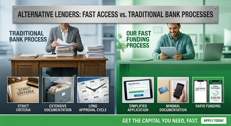 A split-screen infographic comparing the "Traditional Bank Process" to a "Fast Funding Process." The left side shows a person overwhelmed by stacks of paperwork and filing cabinets, while the right side features a smiling professional using a tablet and smartphone in a streamlined, digital environment, showcasing 'Speed vs. Price: The Hidden Cost of Bank Finance'